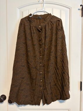 Brown Button-Front Patterned Midi Skirt